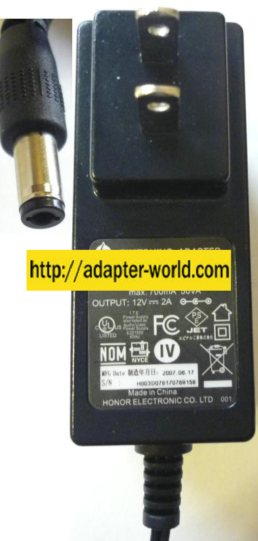 HONOR ADS-24S-12 1224GPCU AC ADAPTOR 12Vdc 2A -( ) 2.5x5.5mm